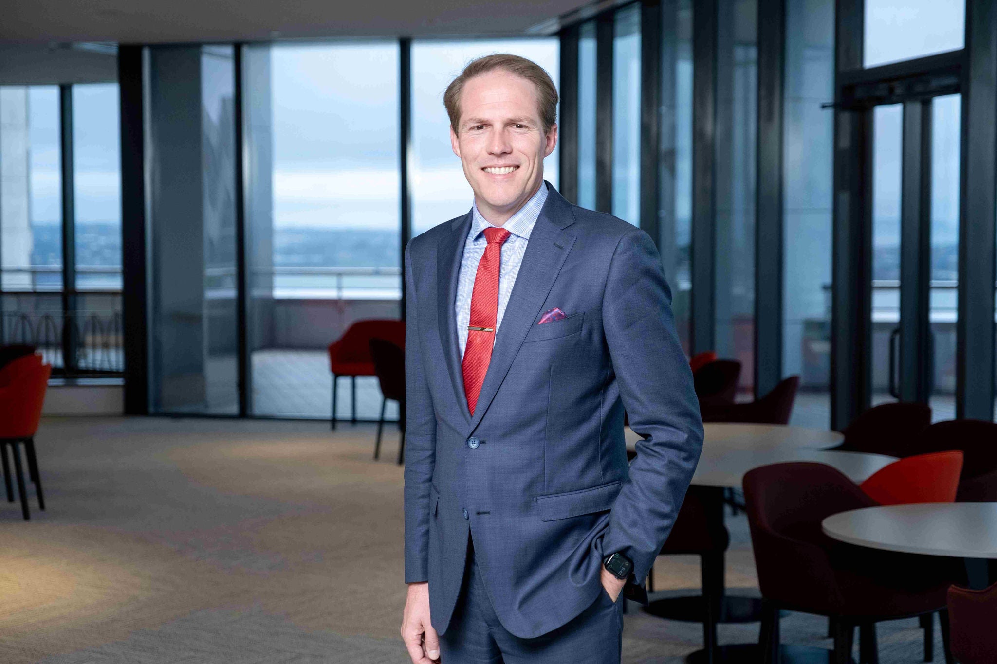 A portrait of David Callanan on floor 29 of the Auckland Council building.